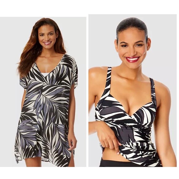 Anne Cole Other - Anne Cole Underwire Print Draped Front Tankini Top & Swim Cover 38DD/40D $134